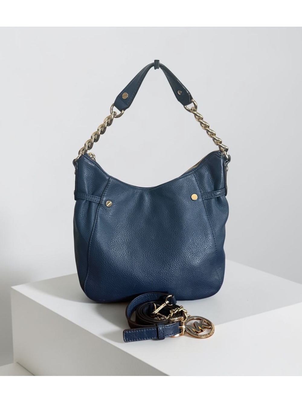 Michael Kors Blue Pebbled Leather Hobo Shoulder Crossbody with Gold Chain Accent